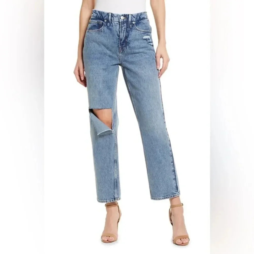Good American 90s Duster Straight Leg Jeans 6 28 Medium Wash Blue Distressed NWT